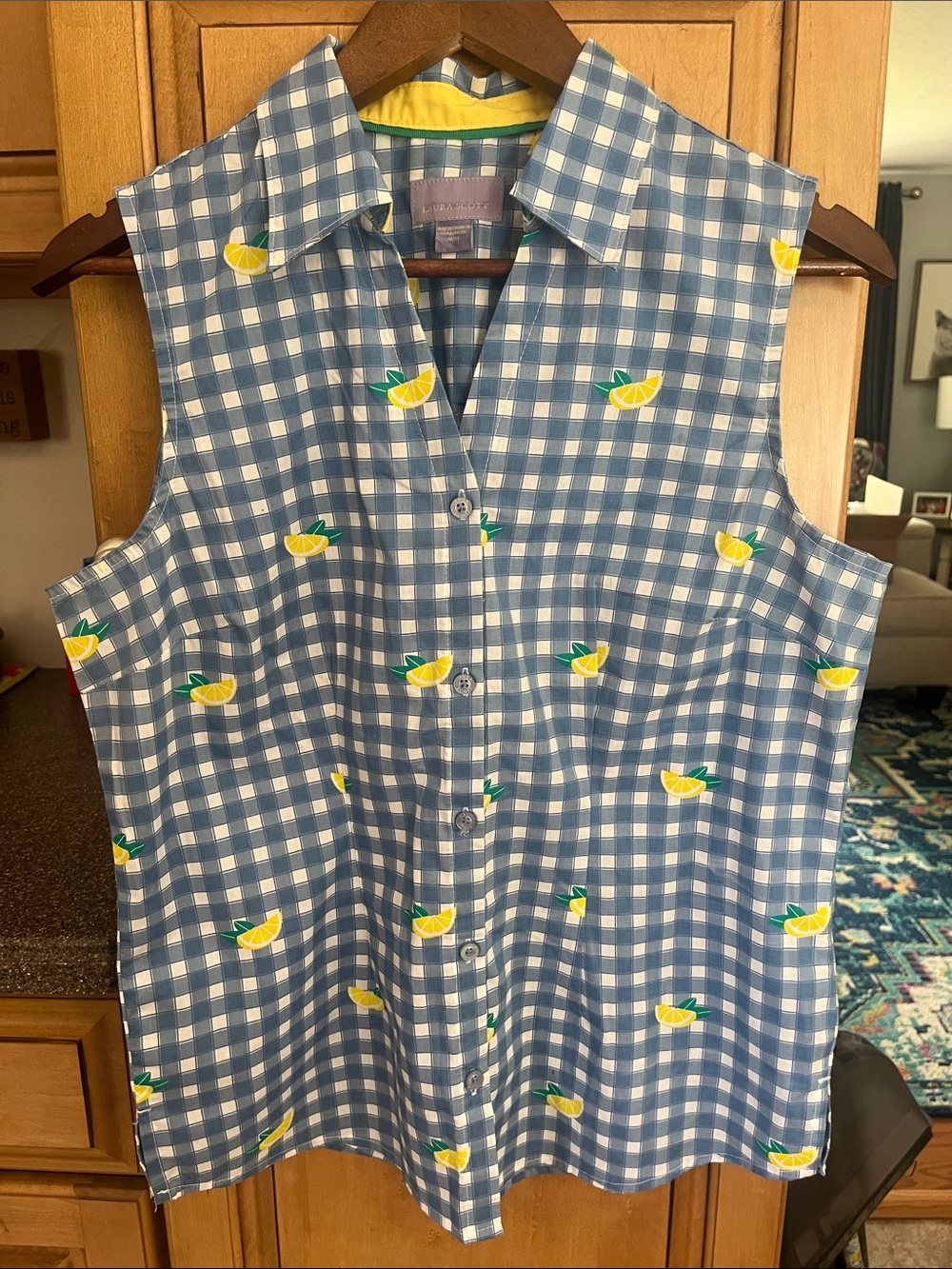 Laura Scott Blue Gingham Button-Front Tank with Yellow Lemon Pattern